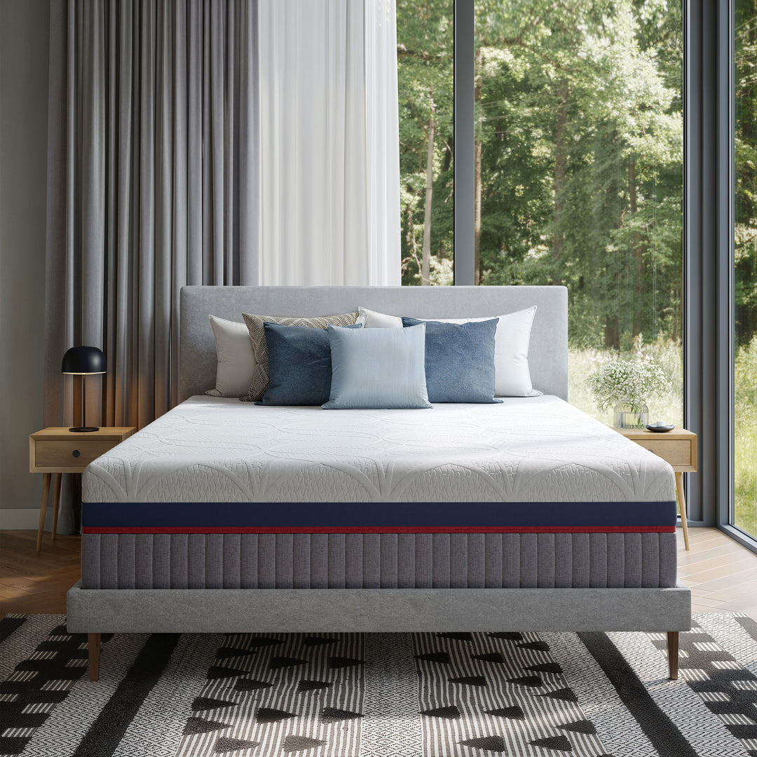 14 Inch Izone Smart Bed with blue and red accent on a rug in a room with large windows showing greenery.