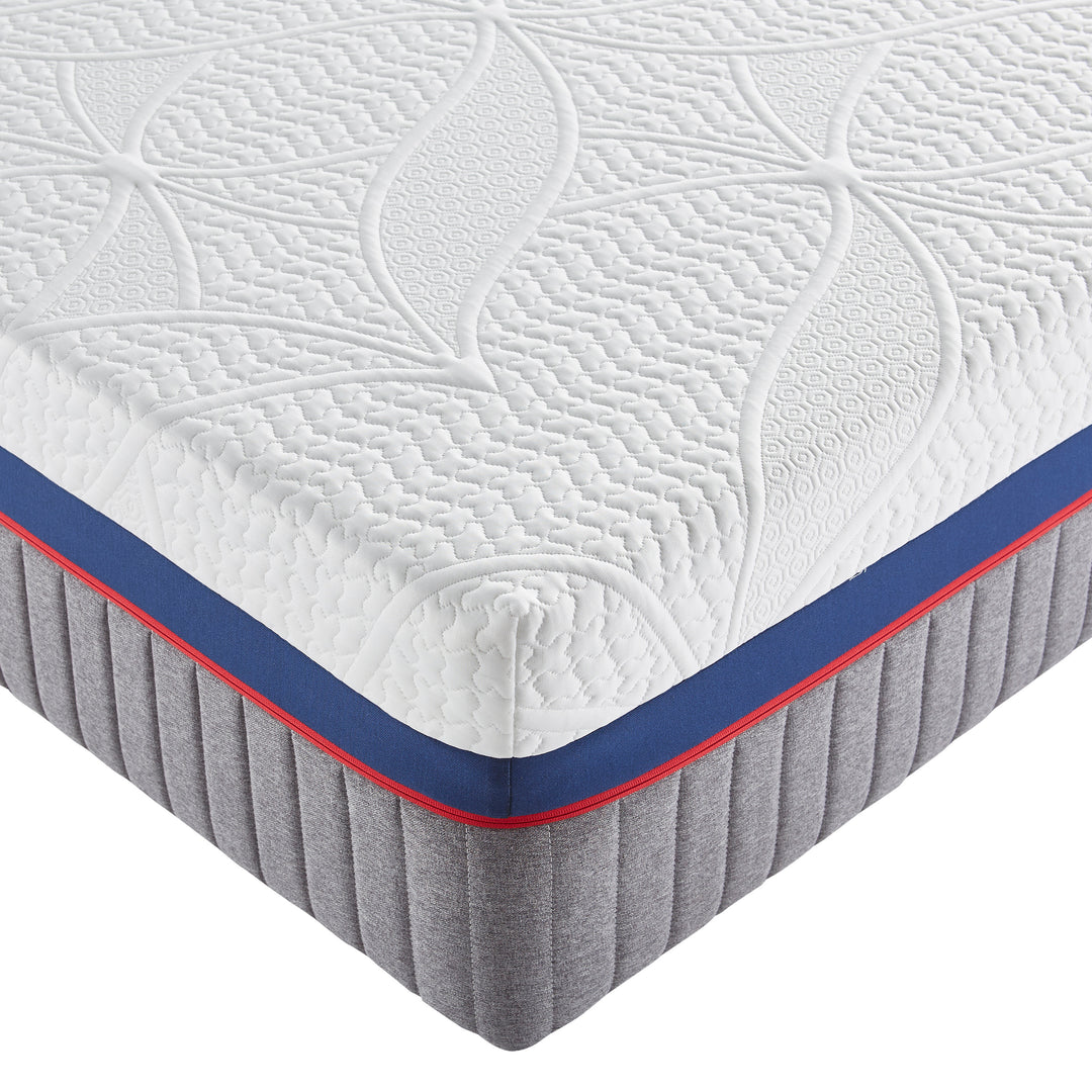 Mattress with textured surface and blue and red border