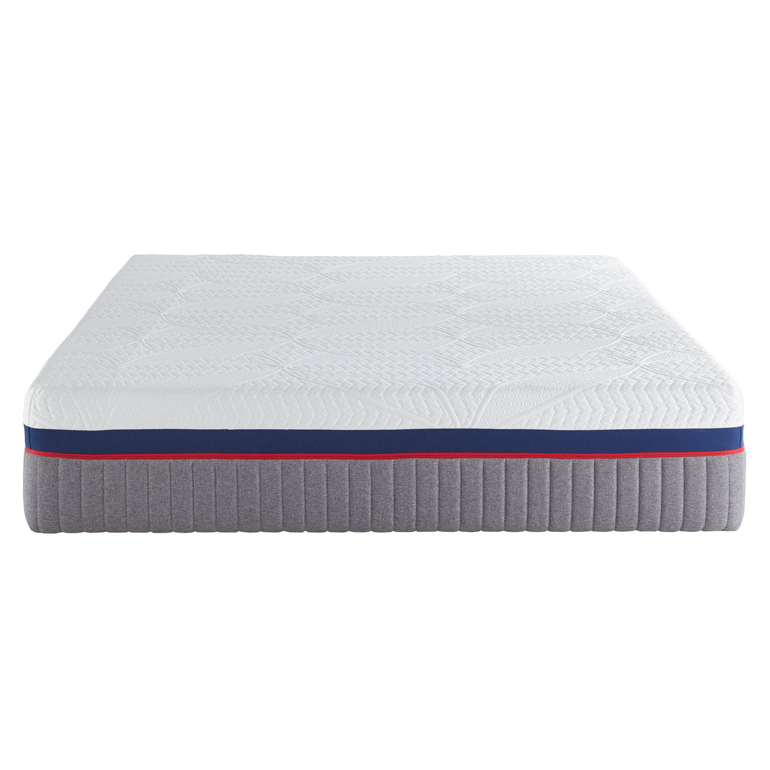 Mattress with a white top and gray base on a white background