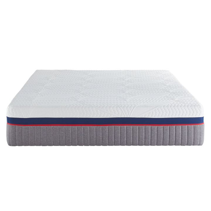 Mattress with a white top and gray base on a white background