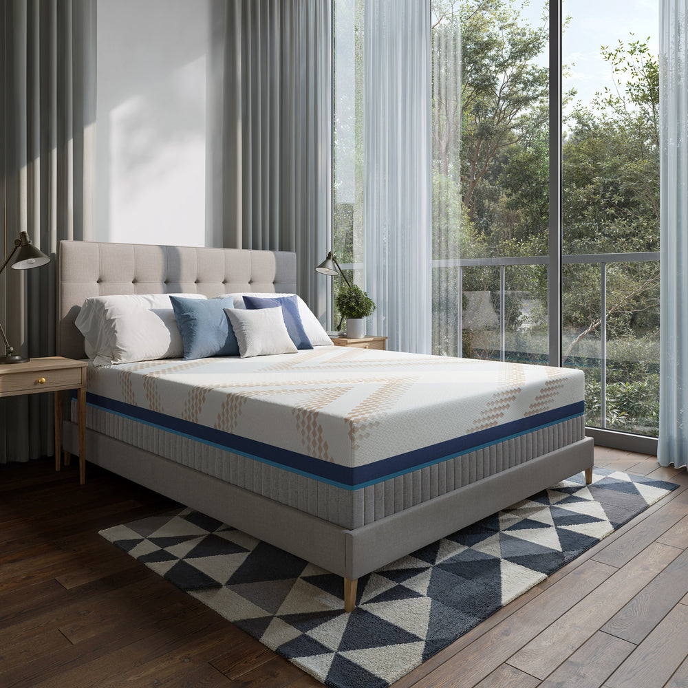 
                  
                    15 Inch izone smart Bed with a mattress in a room with large windows and curtains
                  
                