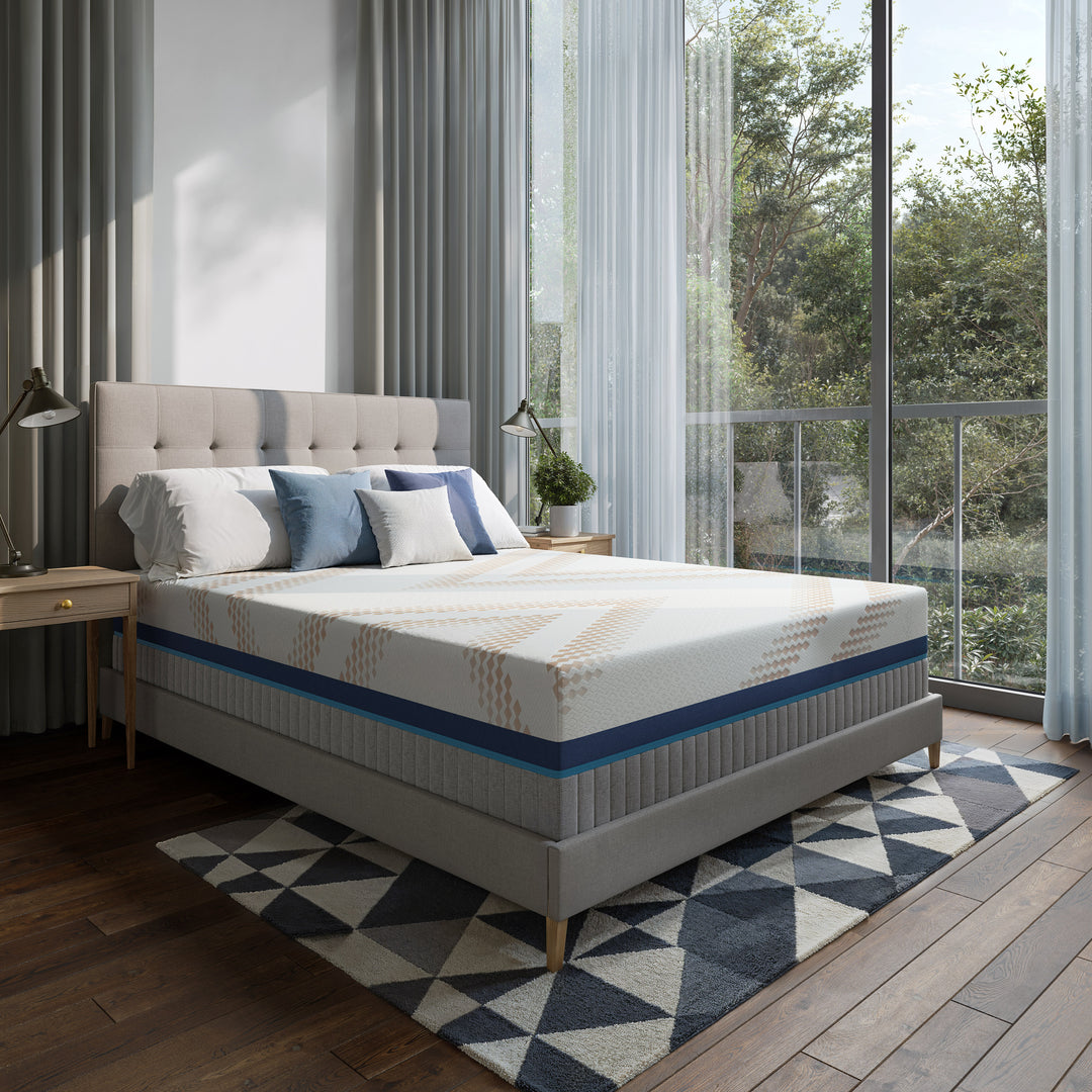 15 Inch izone smart Bed with a mattress in a room with large windows and curtains