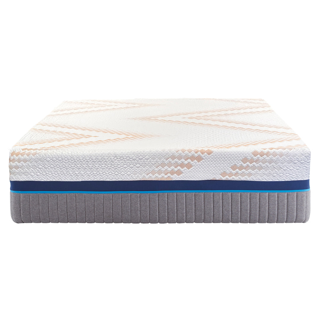 Mattress with a white top layer, gray middle layer, and blue strip on a white background