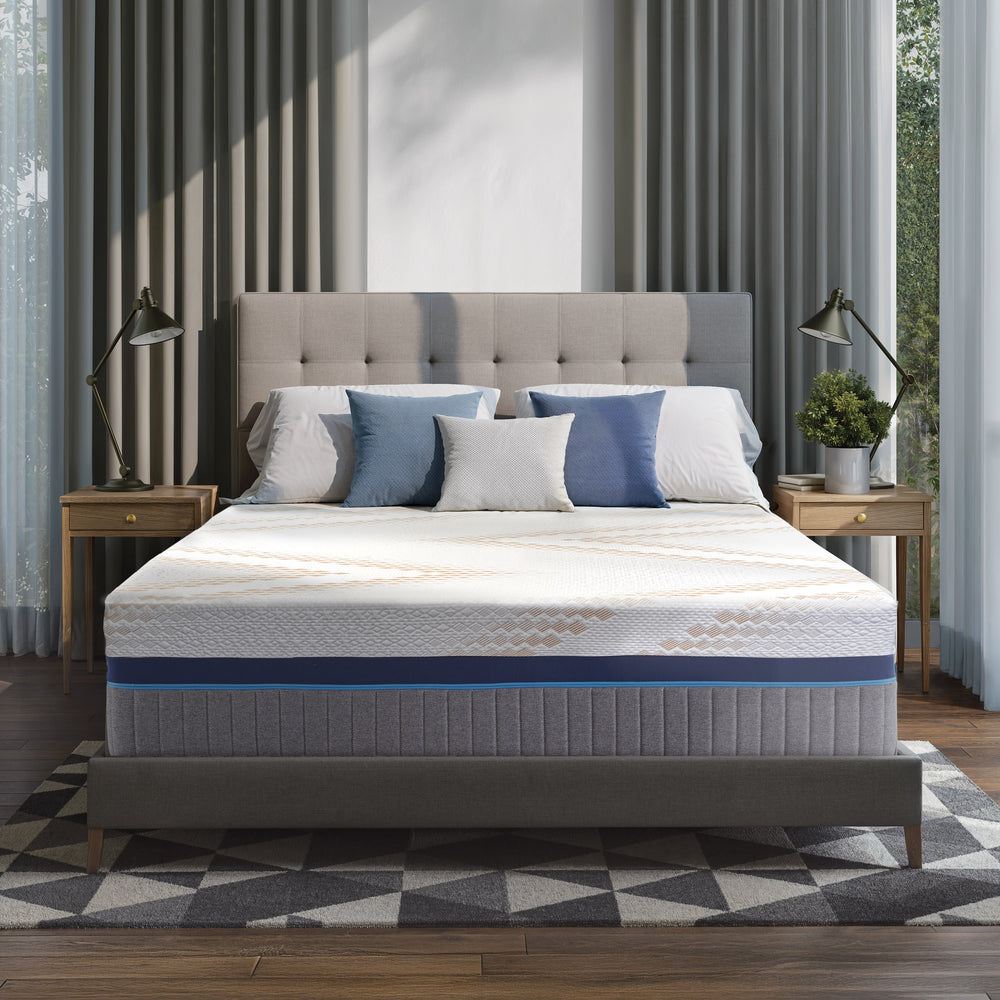 15 Inch izone Smart Bed with a tufted headboard and copper infused patterned mattress in a bedroom setting.