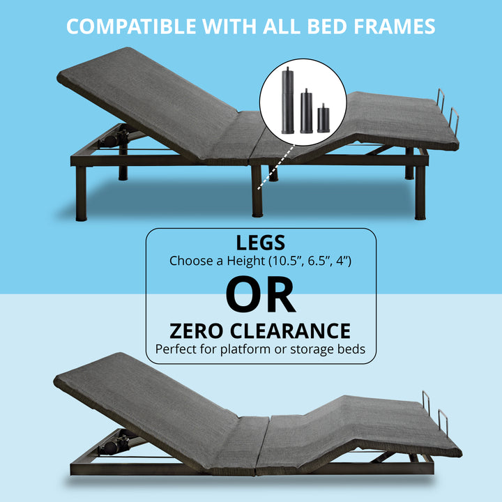 profile of adjustable power base with and without legs