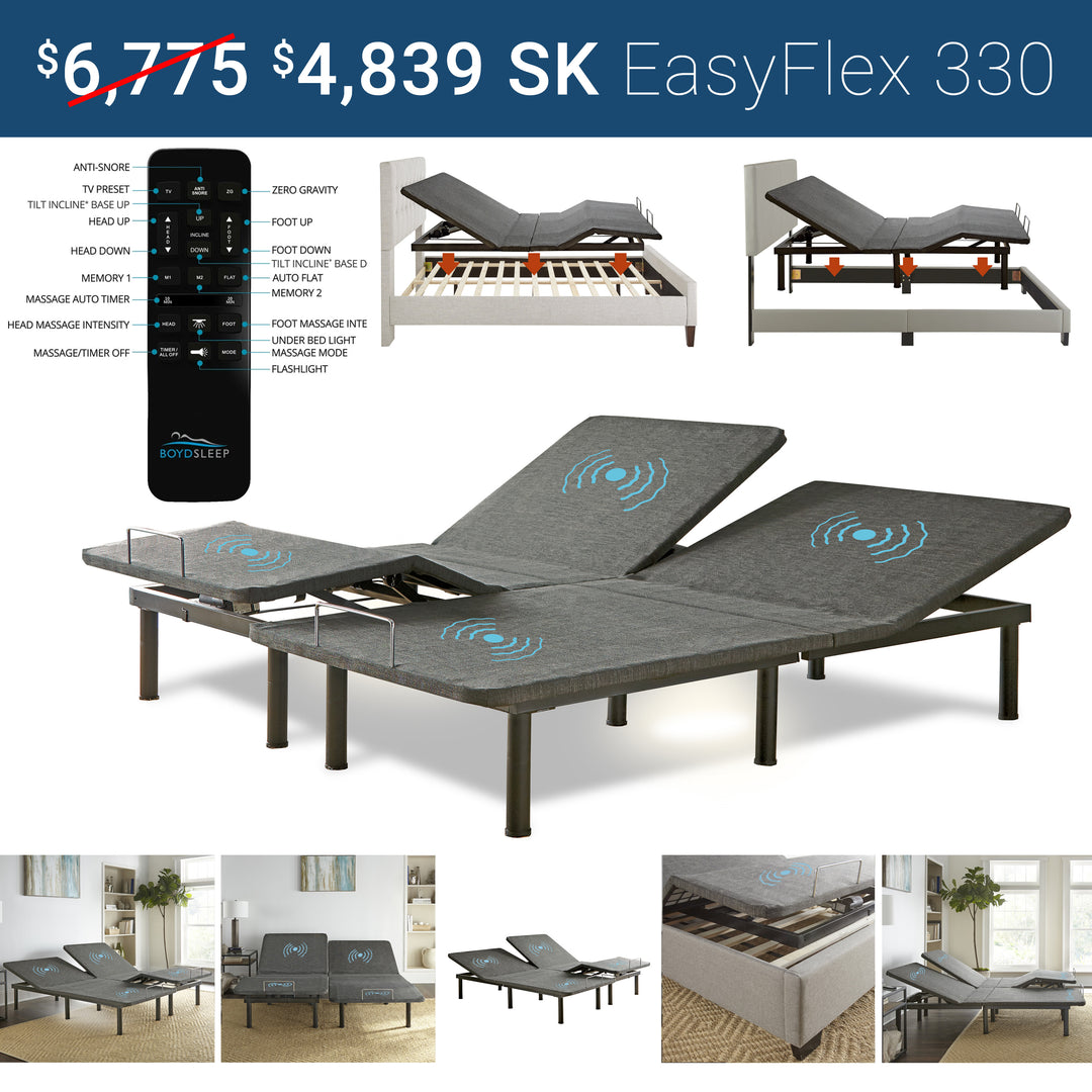 Split King iZone® smart bed on the EasyFlex 330 adjustable base with incline and massage