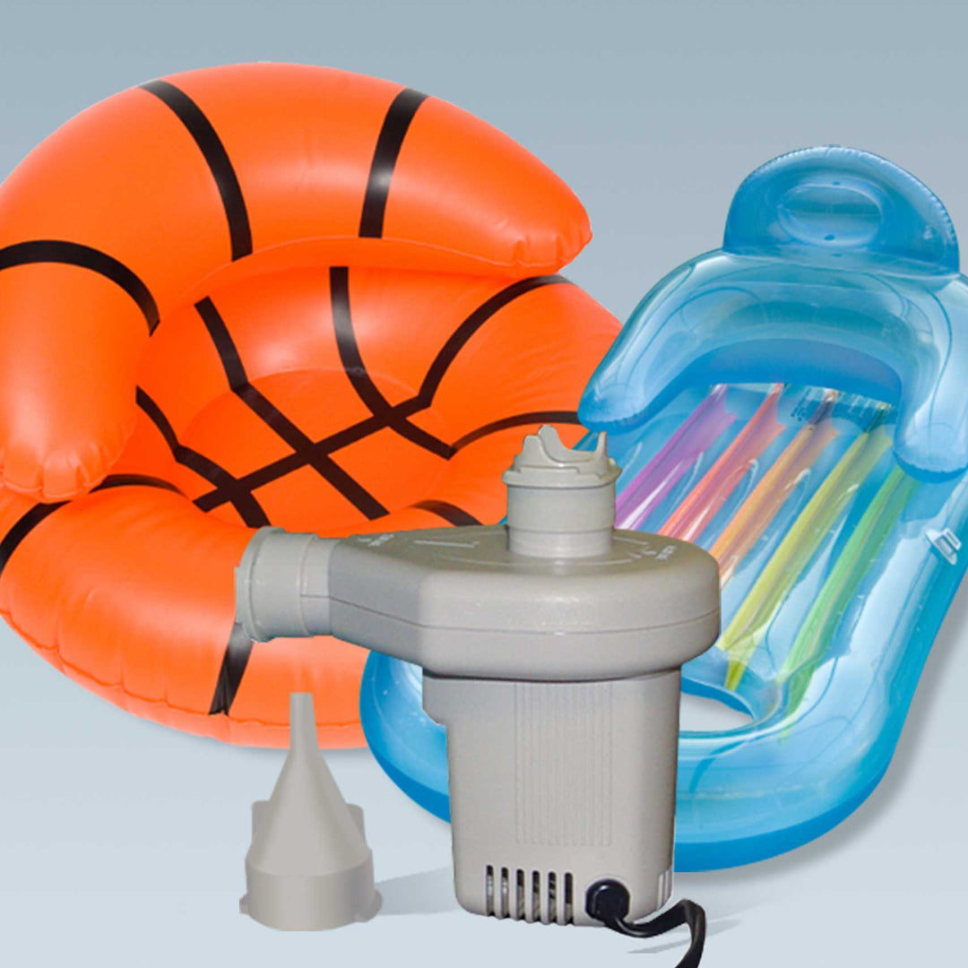 Inflatable pool toys including a basketball-shaped float and a colorful arch, with an air pump in the foreground.