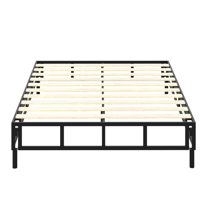 black bed frame with wood slats on white background
