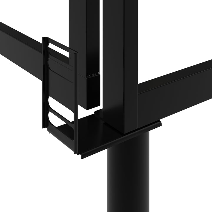 close up of headboard brackets on black metal bed frame on a white background