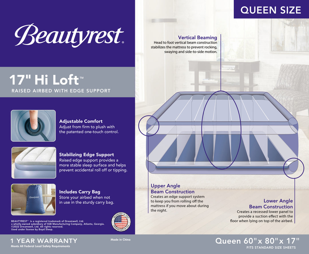 Advertisement for Beautyrest 17" Hi Loft mattress with features and specifications.