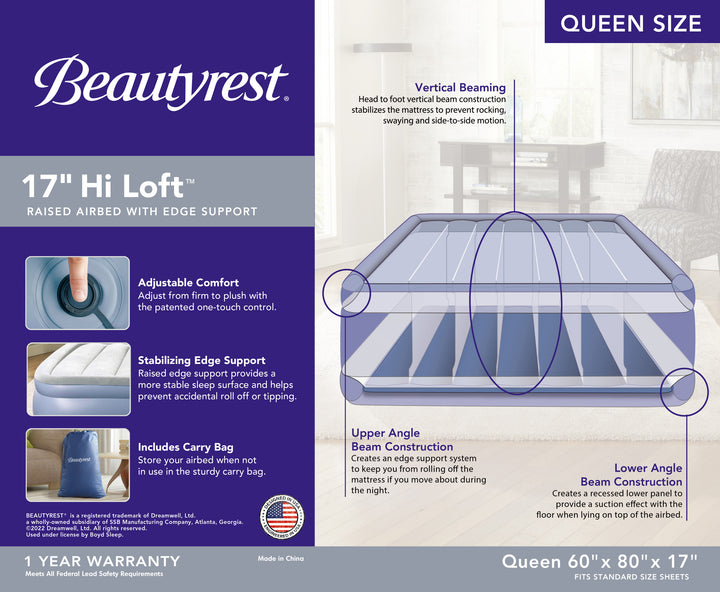Advertisement for Beautyrest 17" Hi Loft mattress with features and specifications.