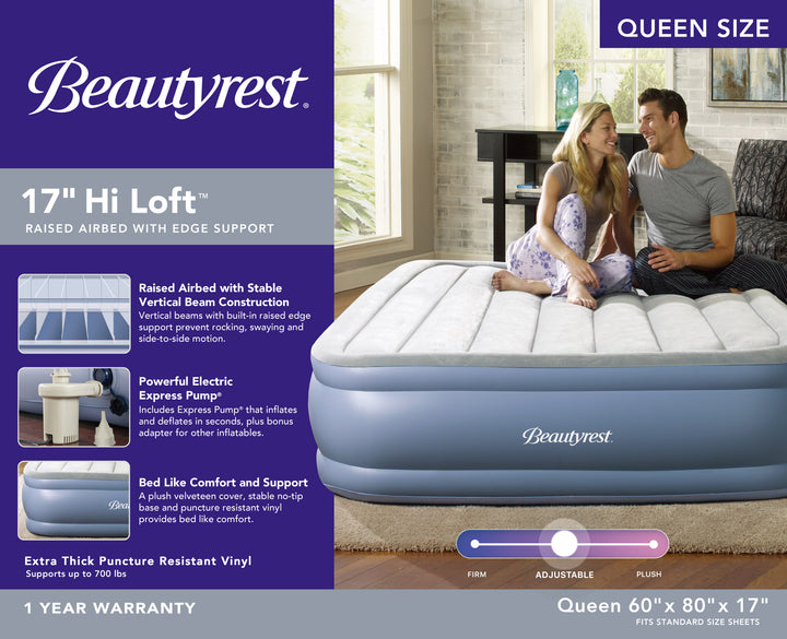 Advertisement for Beautyrest Queen size air mattress with a couple sitting on it.