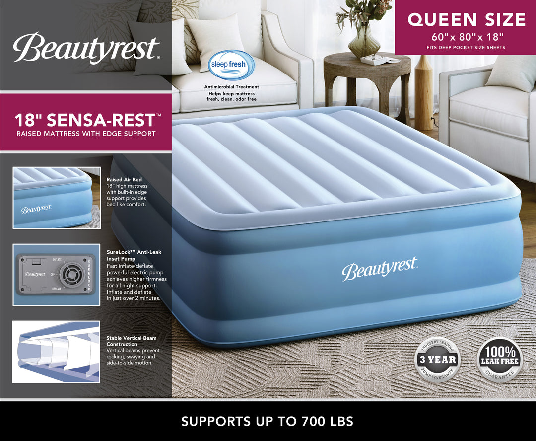 Beautyrest inflatable mattress with packaging details on a neutral background