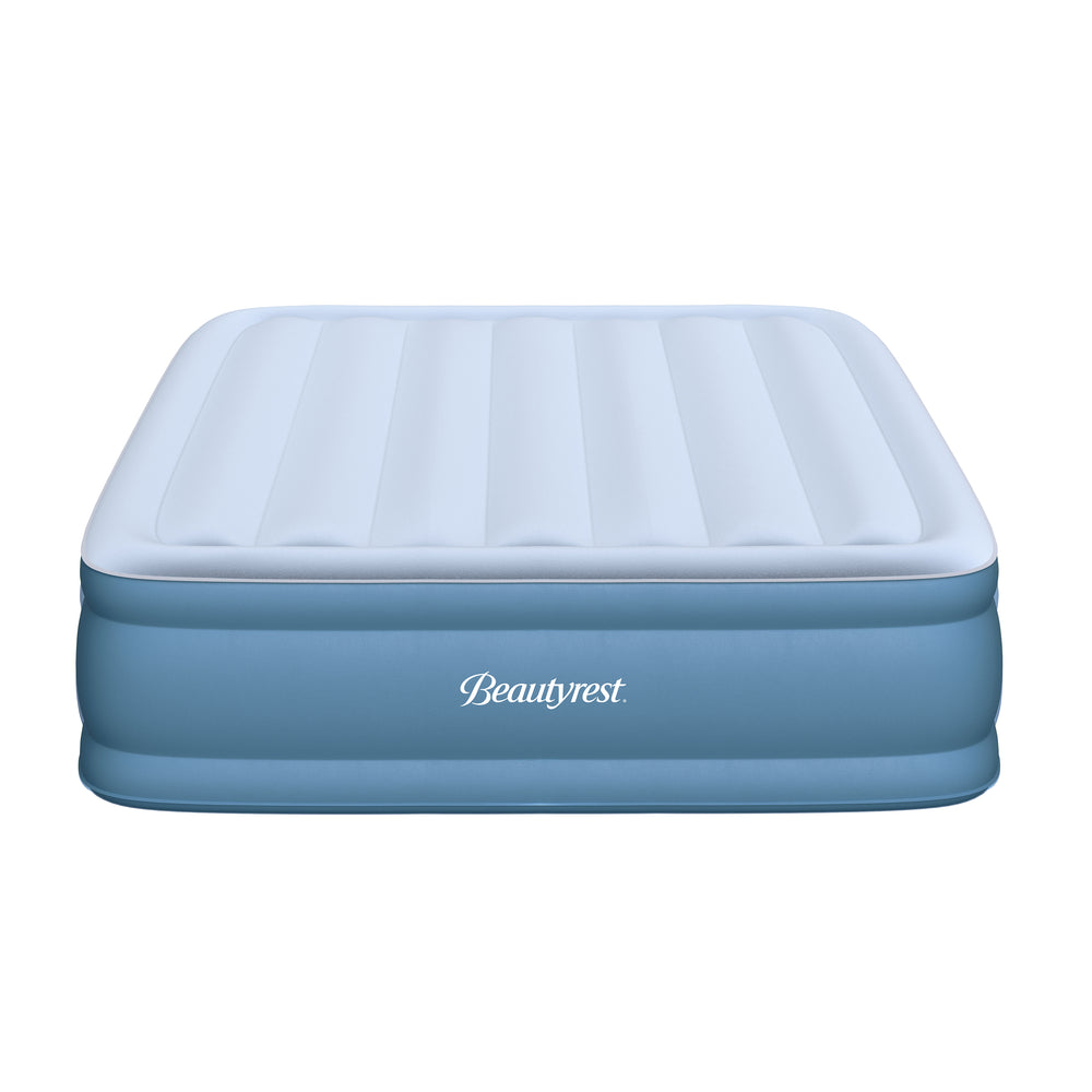 Blue inflatable mattress with white top on a white background, featuring the 'Beautyrest' brand.