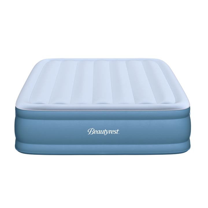 Blue inflatable mattress with white top on a white background, featuring the &