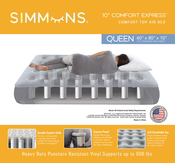 Simmons Comfort Express air bed packaging with a person lying on it, featuring product details and branding.