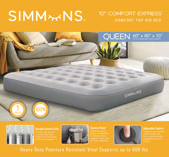 Simmons 10-inch Comfort Express air bed on a living room floor with sofa and decor.