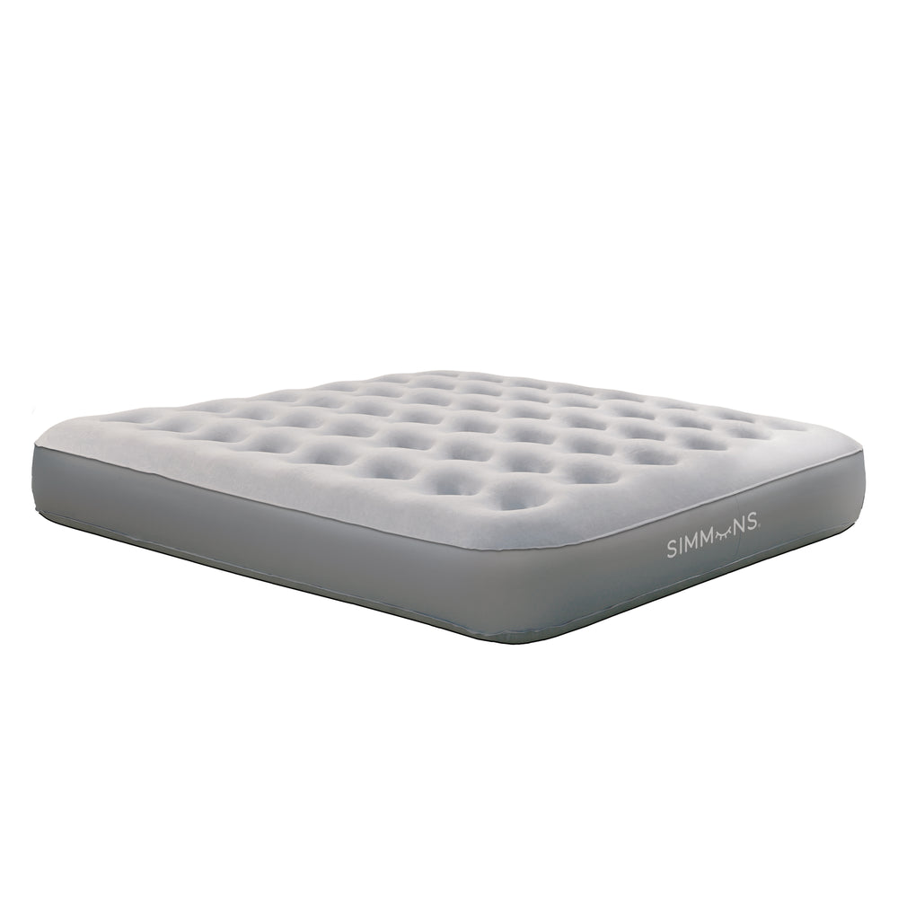 Gray inflatable mattress with 'Simmons' branding on a white background