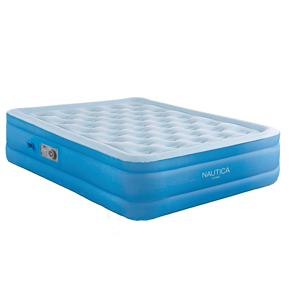 Blue inflatable mattress with Nautica branding on a white background