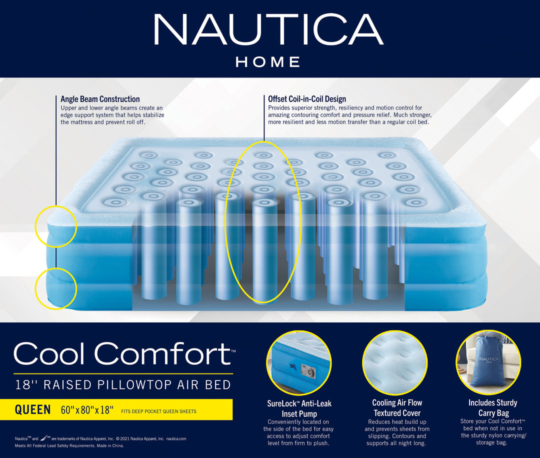 Nautica Cool Comfort air bed packaging with features highlighted on a white background