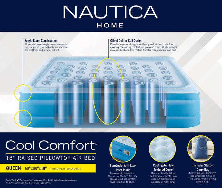 Nautica Cool Comfort air bed packaging with features highlighted on a white background