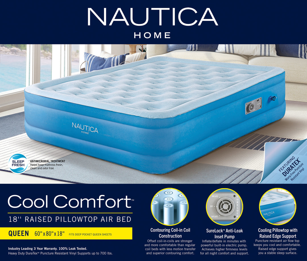 Nautica Cool Comfort air bed packaging with features highlighted on a blue background