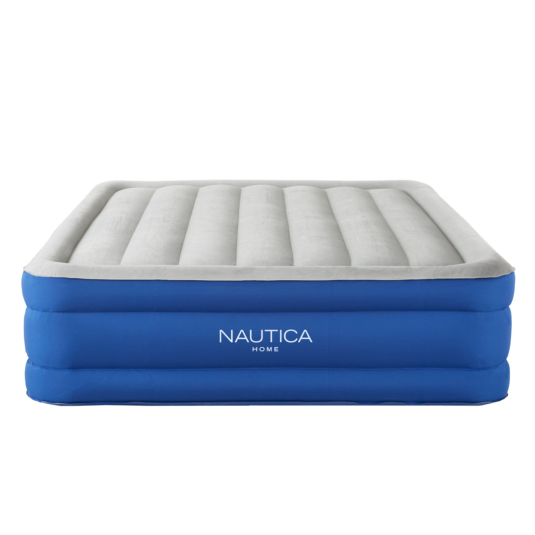 Nautica inflatable air mattress with blue base and white top on a white background