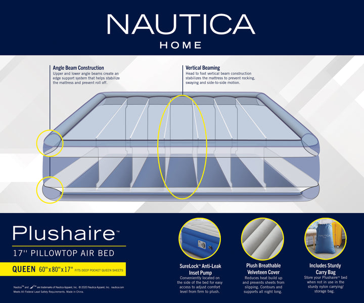 Nautica Plushaire pillowtop air bed packaging with features and specifications on a blue background