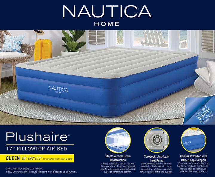 Nautica Plushaire pillowtop air bed packaging with features highlighted on a branded background
