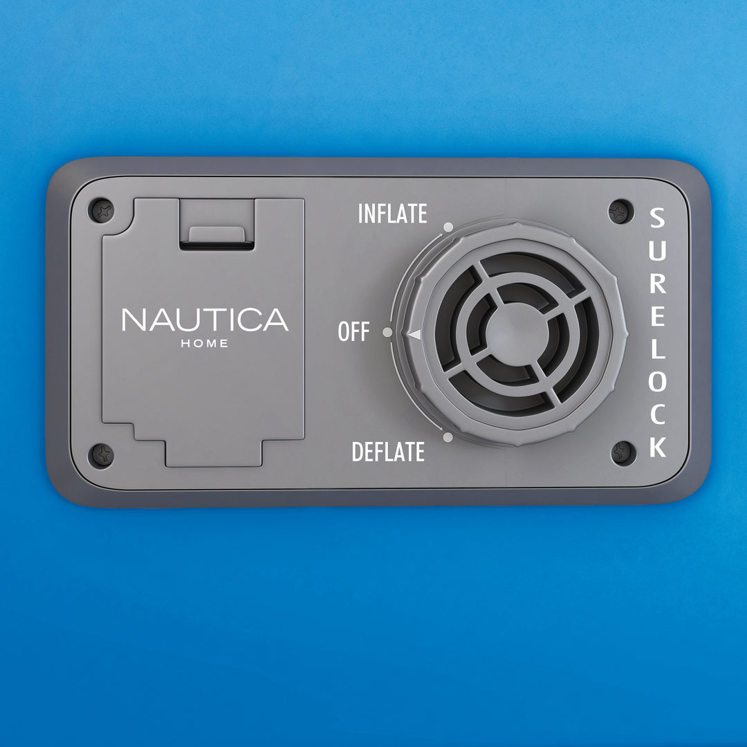 Gray inset Surelock pump panel with Nautica branding on a blue background