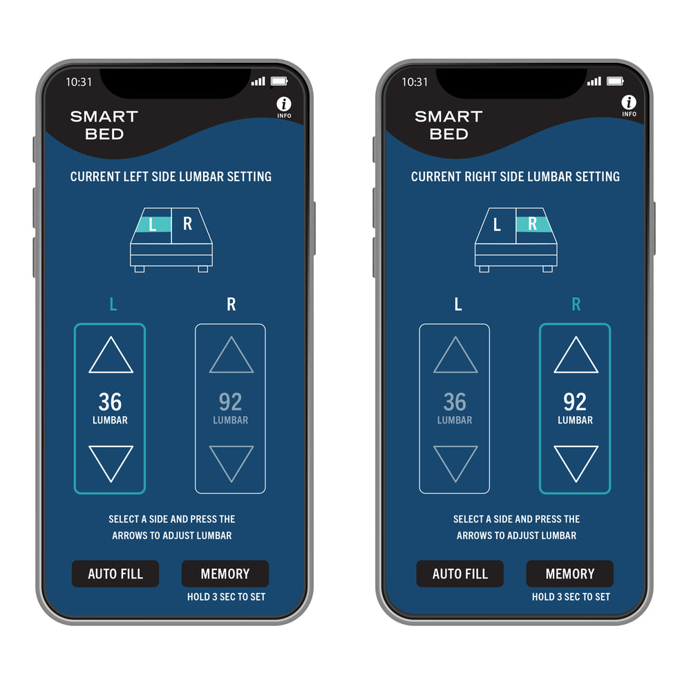 
                  
                    Two smartphones displaying the Smart Bed application interface on a white background.
                  
                