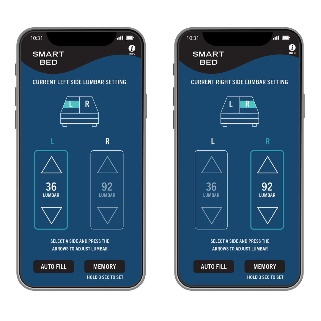 Two smartphones displaying the Smart Bed application interface on a white background.