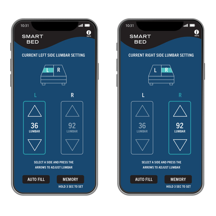 Two smartphones displaying the Smart Bed application interface on a white background.