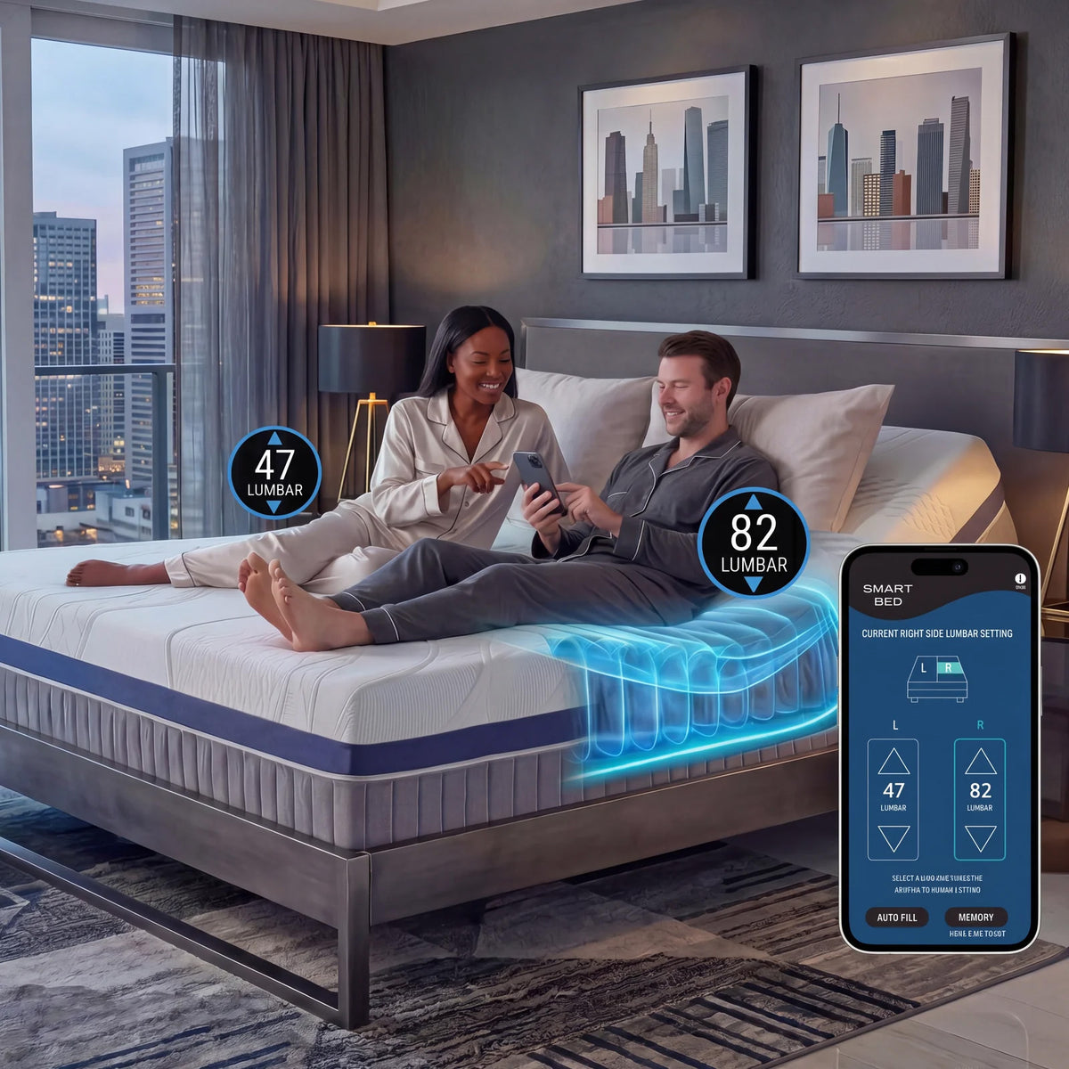 Couple resting on an iZone® Smart Bed with app controls visible