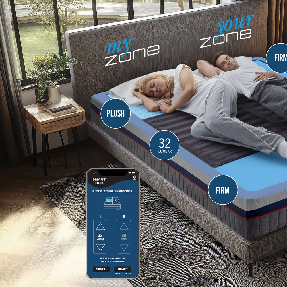 Smart mattress with digital display and control app in a bedroom setting