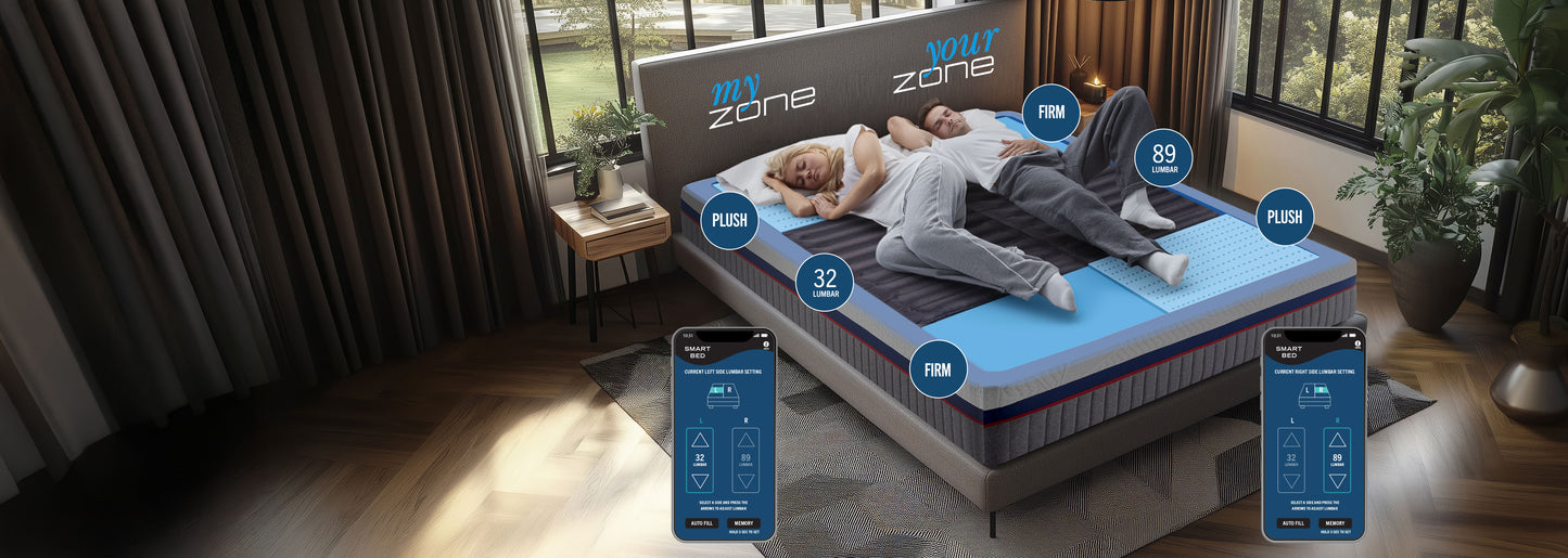 Smart mattress with digital display and control app in a bedroom setting