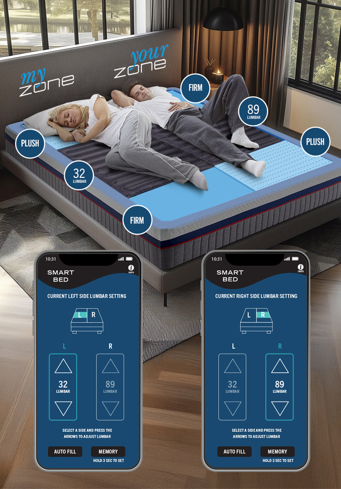 Mattress with different firmness settings shown, along with smartphone app controls for adjusting settings.