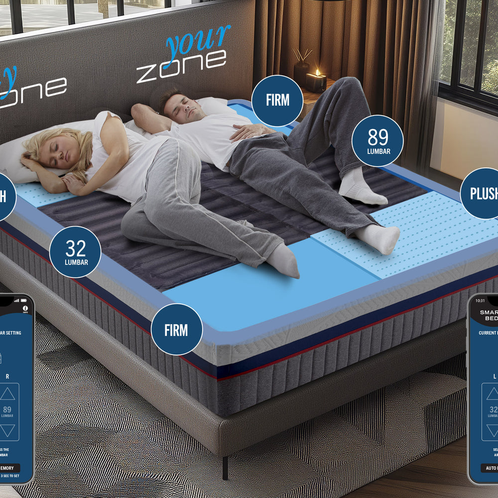 Smart mattress with digital display in a bedroom setting, showing user interface on smartphones.
