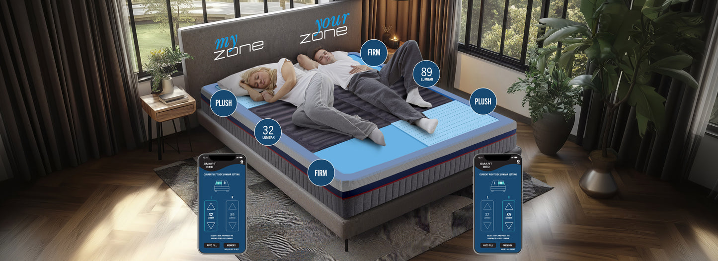 Smart mattress with digital display in a bedroom setting, showing user interface on smartphones.