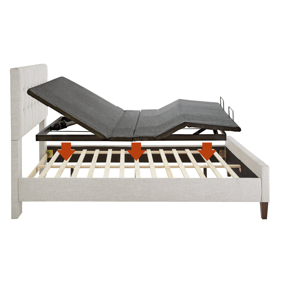 profile of adjustable power base without legs being lowered onto a platform bed frame